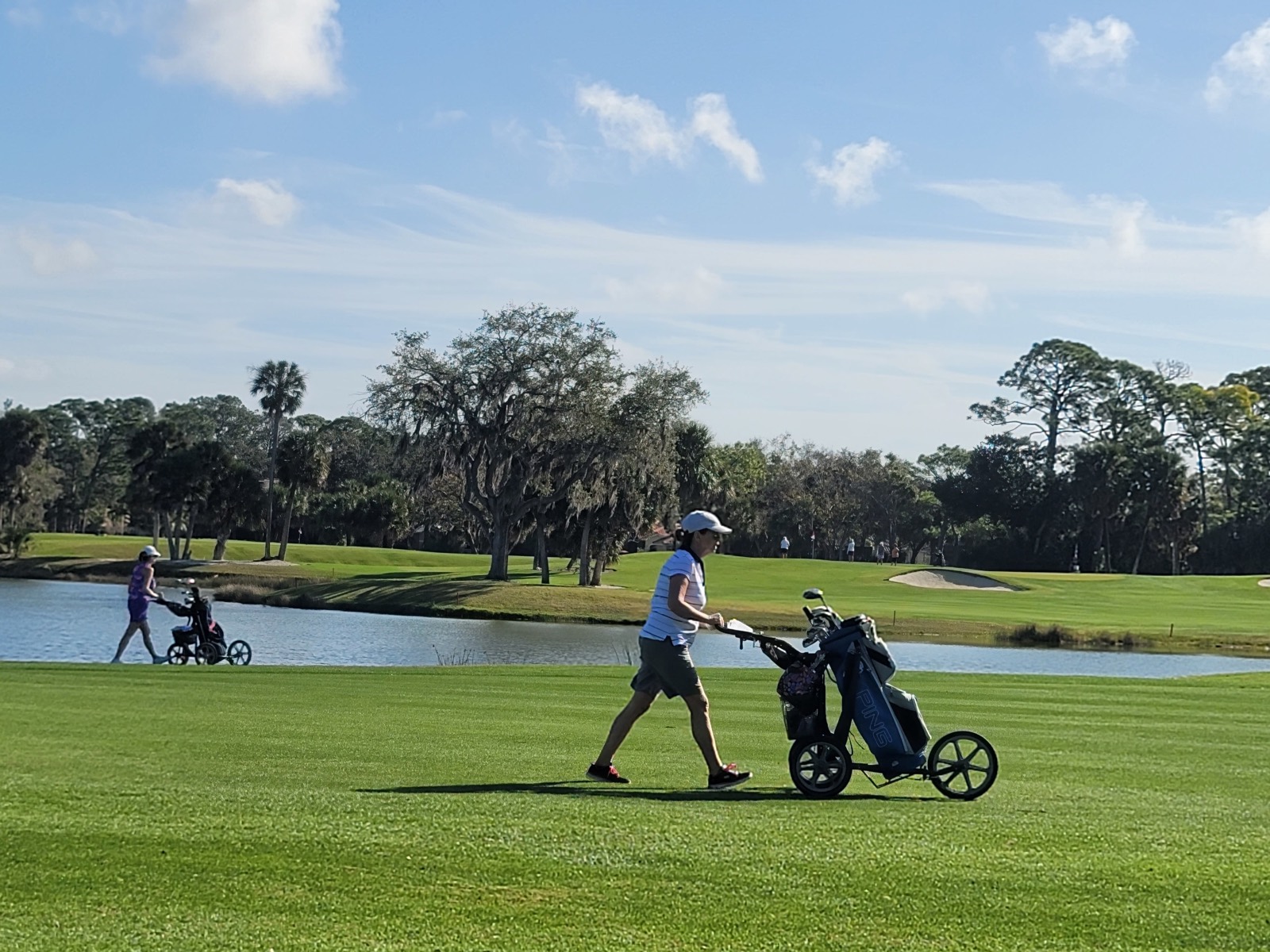 A member walking the fairway with a pull cart